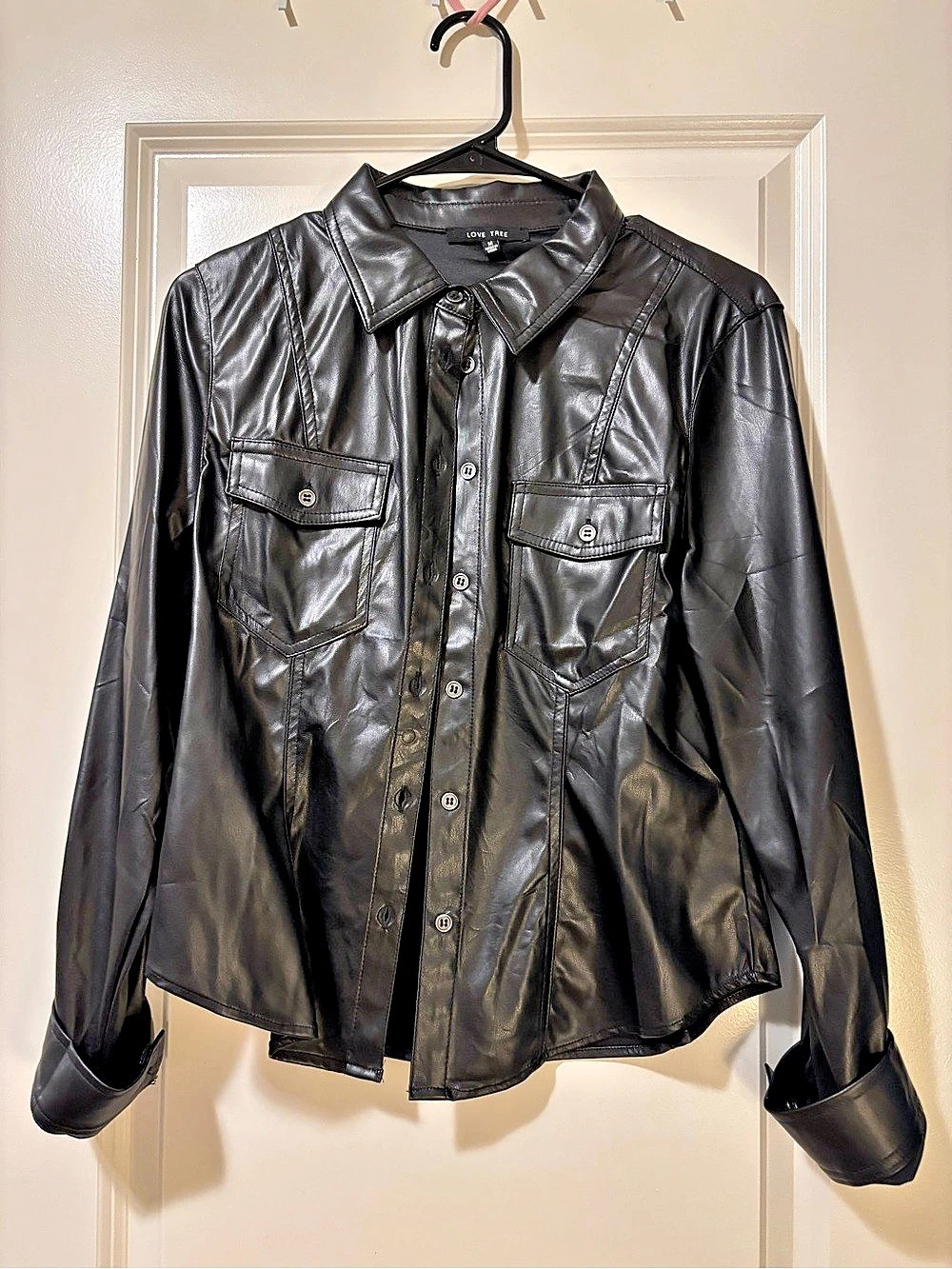 Love Tree Faux Leather Shirt Jacket in Black